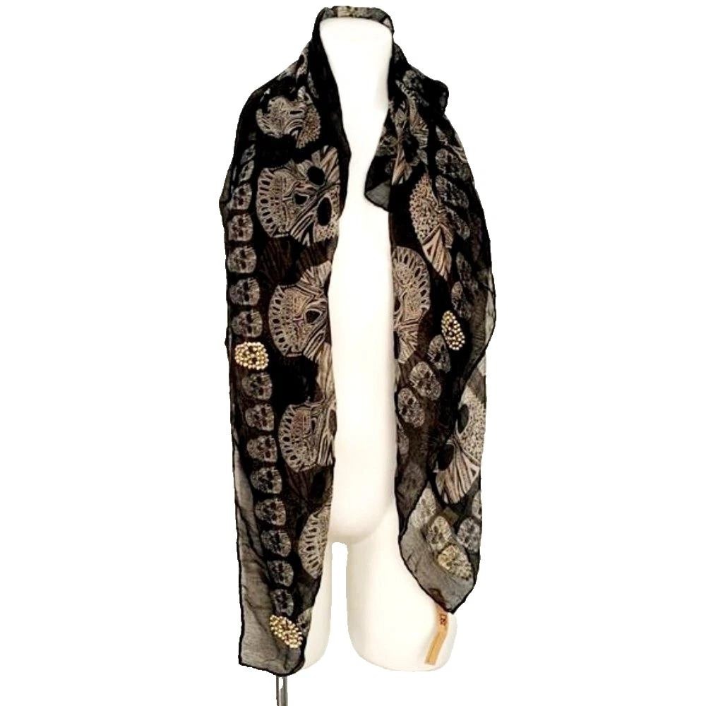 Skull Black Gold Bling Scarf Sarong Wrap Oblong 44" W x 68"L Goth Whimsigoth NEW